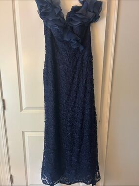 Montage by Mon Cheri Navy Lace Maxi Dress with Ruffle V-Neck